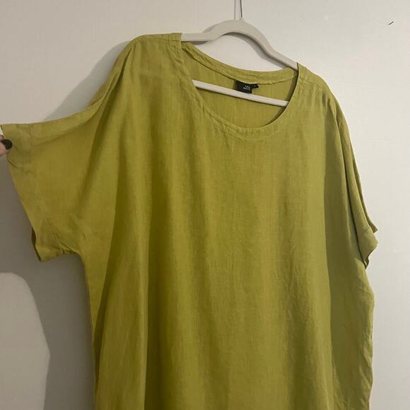 Lisa Bayne Chartreuse Green 100% Linen Short Sleeve Relaxed Loose Blouse Sz Lg - Picture 2 of 8